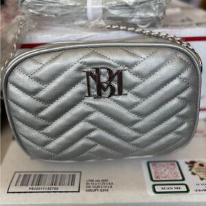Silver Quilted Badgley Mischka Crossbody Bag with Chevron Pattern
